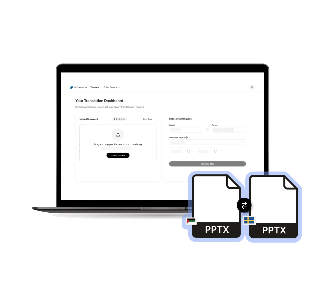 PowerPoint translation dashboard showing business presentation slides being translated with animations and layouts preserved