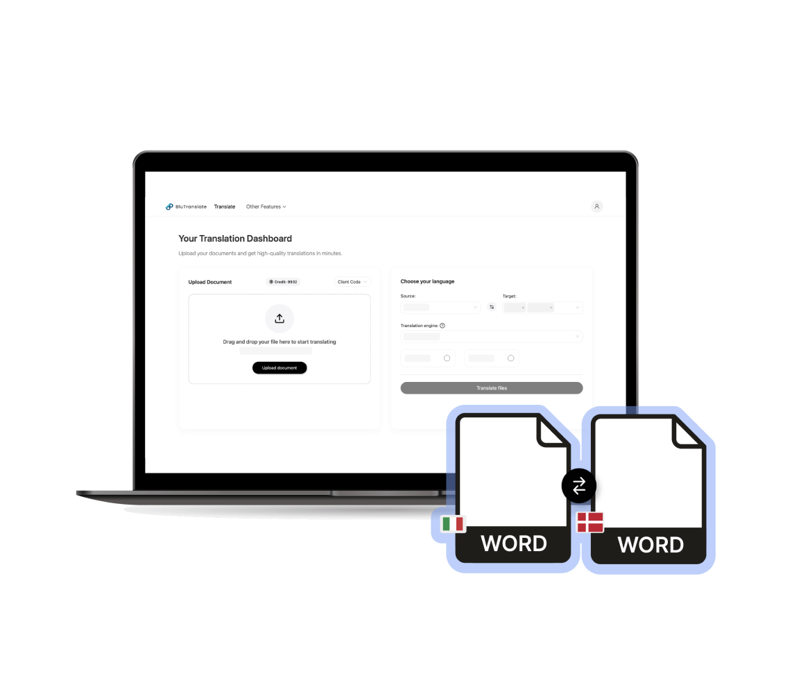 Word document translation interface showing business document with track changes and comments being translated while preserving formatting