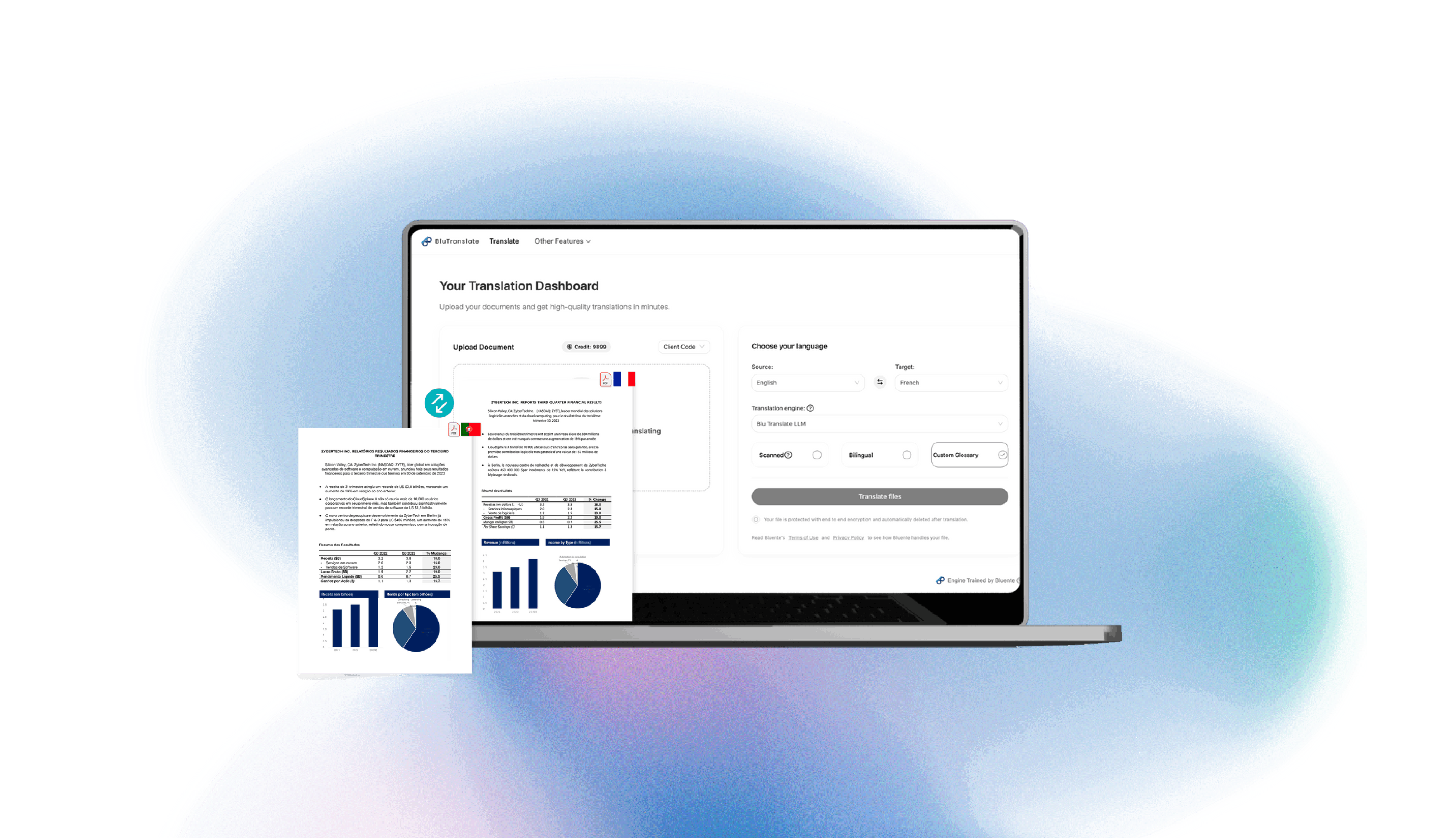 BluTranslate dashboard interface showing document translation features, file upload area, and translation progress