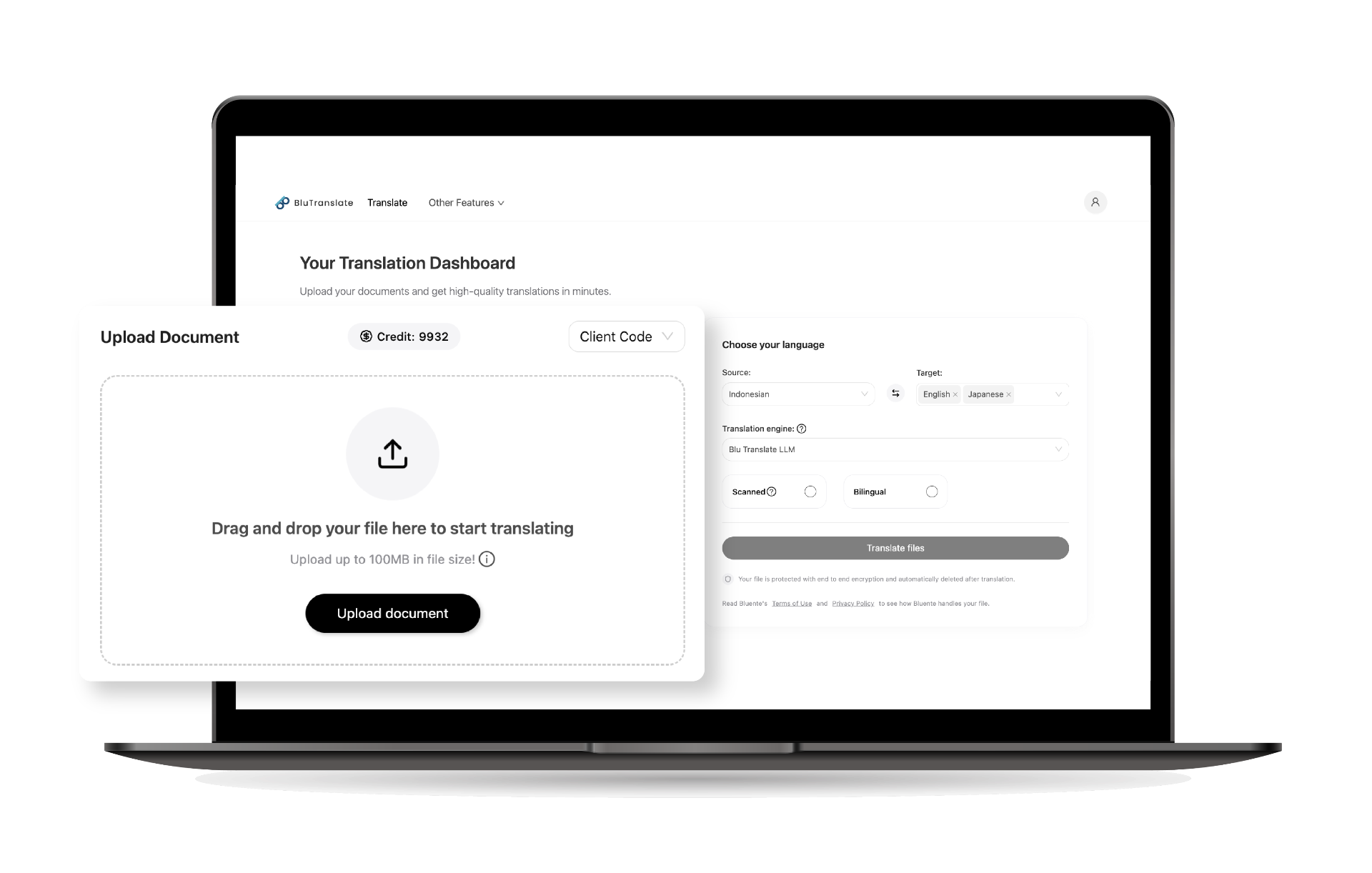 Step 1: Upload document interface showing drag and drop functionality