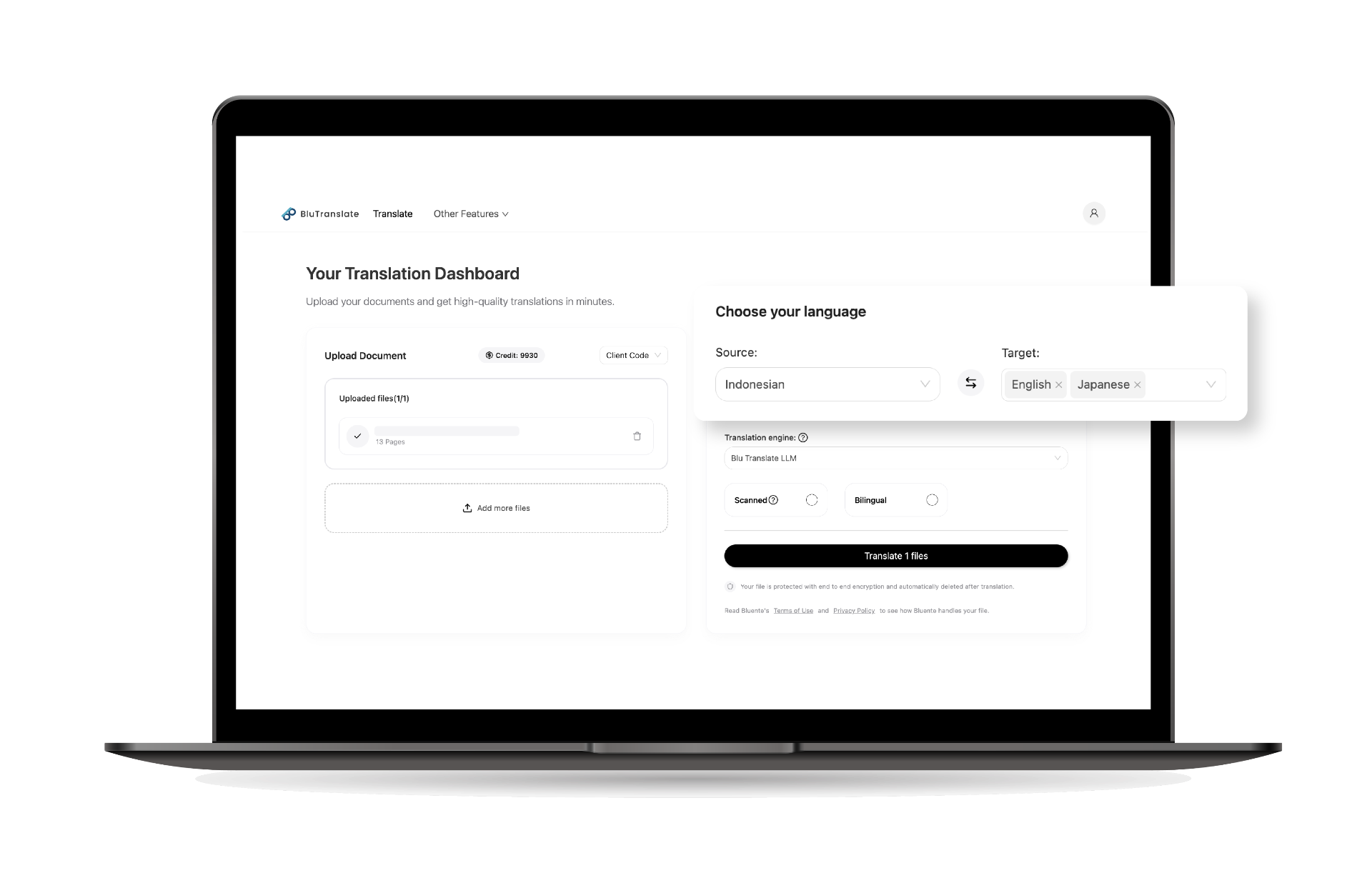 Step 2: Select language direction interface showing source and target language options