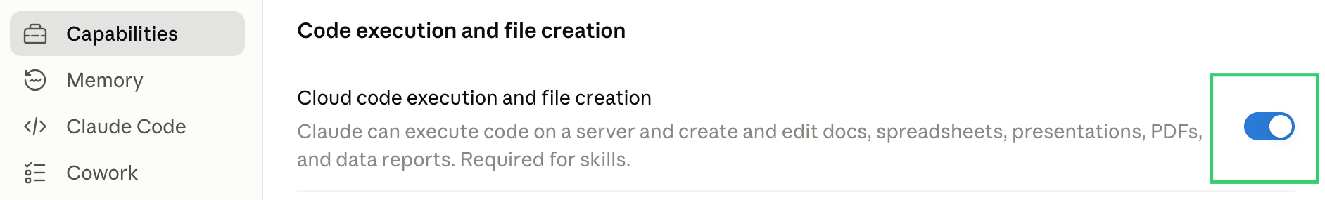 Claude Settings → Capabilities, with the "Cloud code execution and file creation" toggle turned on