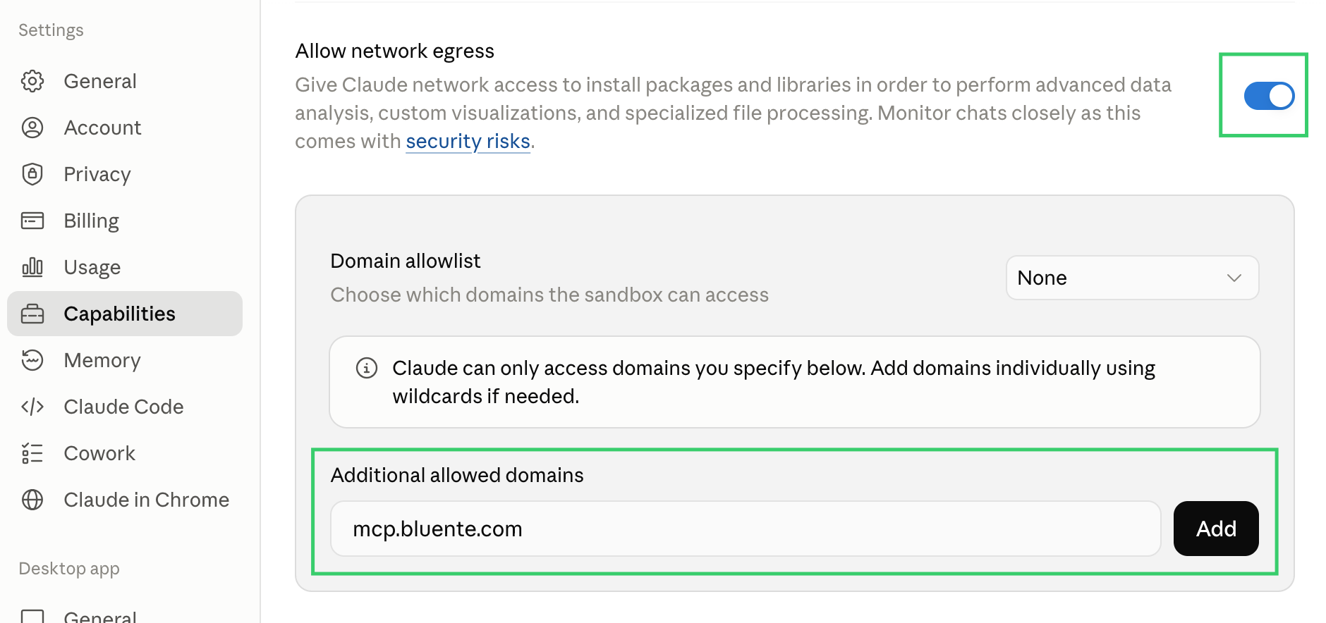 Claude Settings → Capabilities, with "Allow network egress" enabled and mcp.bluente.com entered under Additional allowed domains